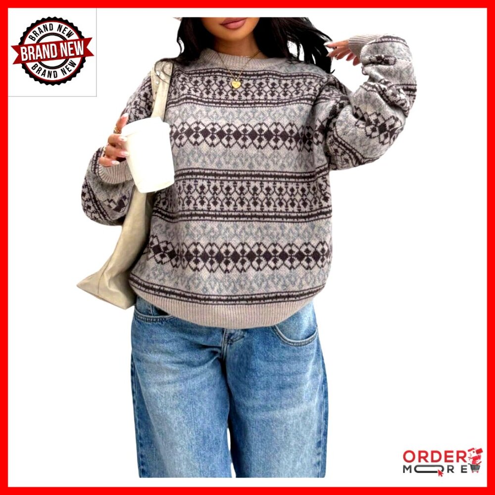 Vintage Fair Isle Crewneck Sweater Oversized Pullover Geo Print Fall Tops